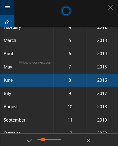 Select Cortana reminder month date & year