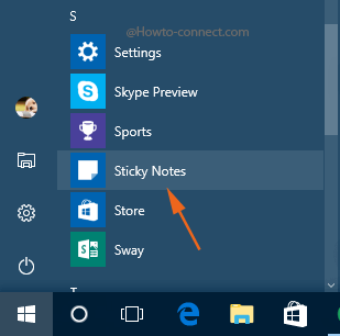 Sticky Notes Start Menu S section