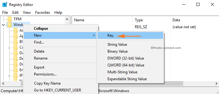 Registry Editor right click Windows key New Key