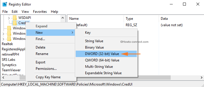 Right click CredUI New DWORD 32 bit Value
