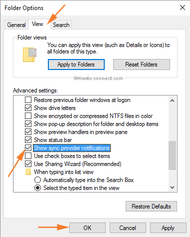 Enable, Disable Sync Provider Notifications in Windows 10 File Explorer through Folder Options View tab Show sync provider notifications