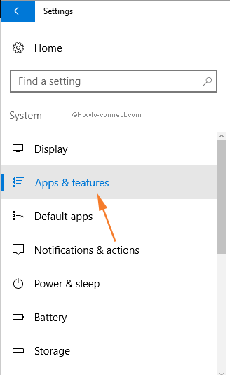System settings Apps & features tab