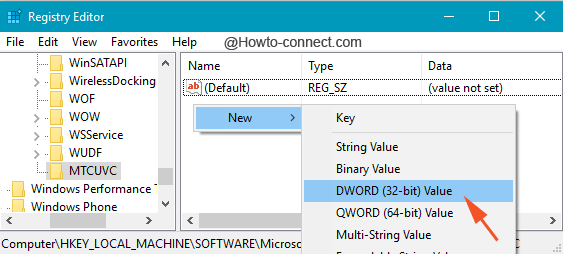 New DWORD Value under MTCUVC subkey