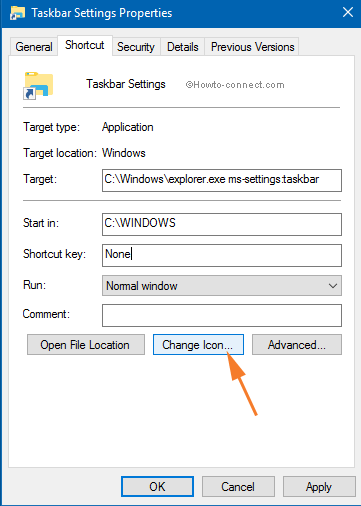 Change Icon button Taskbar Settings Properties