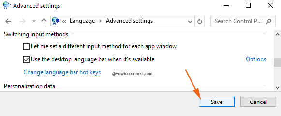Save button Language Advanced settings