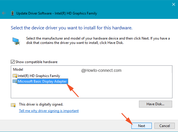 Microsoft Basic Display Adapter and Next button