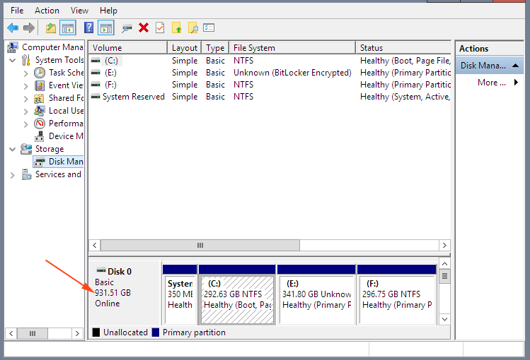 disk management window to check How much Hard Disk You have on Windows 10 PC