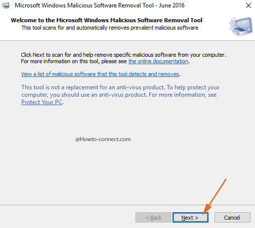 Malicious Software Removal Tool Next button