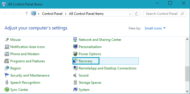 recovery link on control panel