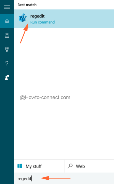 regedit in the Cortana search field