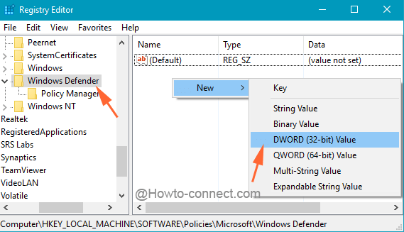 New DWORD Value under Windows Defender in Registry Editor