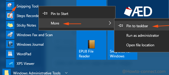  pin to taskbar on snipping tool on start menu