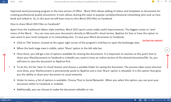 Word-2013-Read-mode-screen-and-arrow-keys