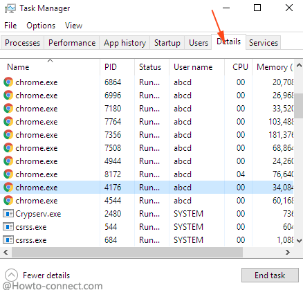 details tab on the task manager interface