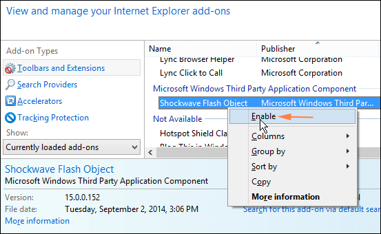 Enable Adobe Flash Player Internet Explorer to fix YouTube Windows 10 Error