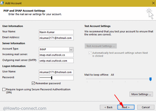 next button pop and imap accounts settings