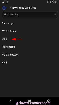 wifi network on network & wireless pane in windows 10 phone
