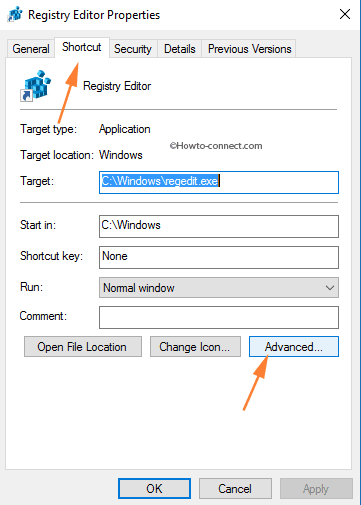 Registry Editor Properties Shortcut tab & Advanced button