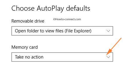 Drop down menu of Memory card AutoPlay defaults