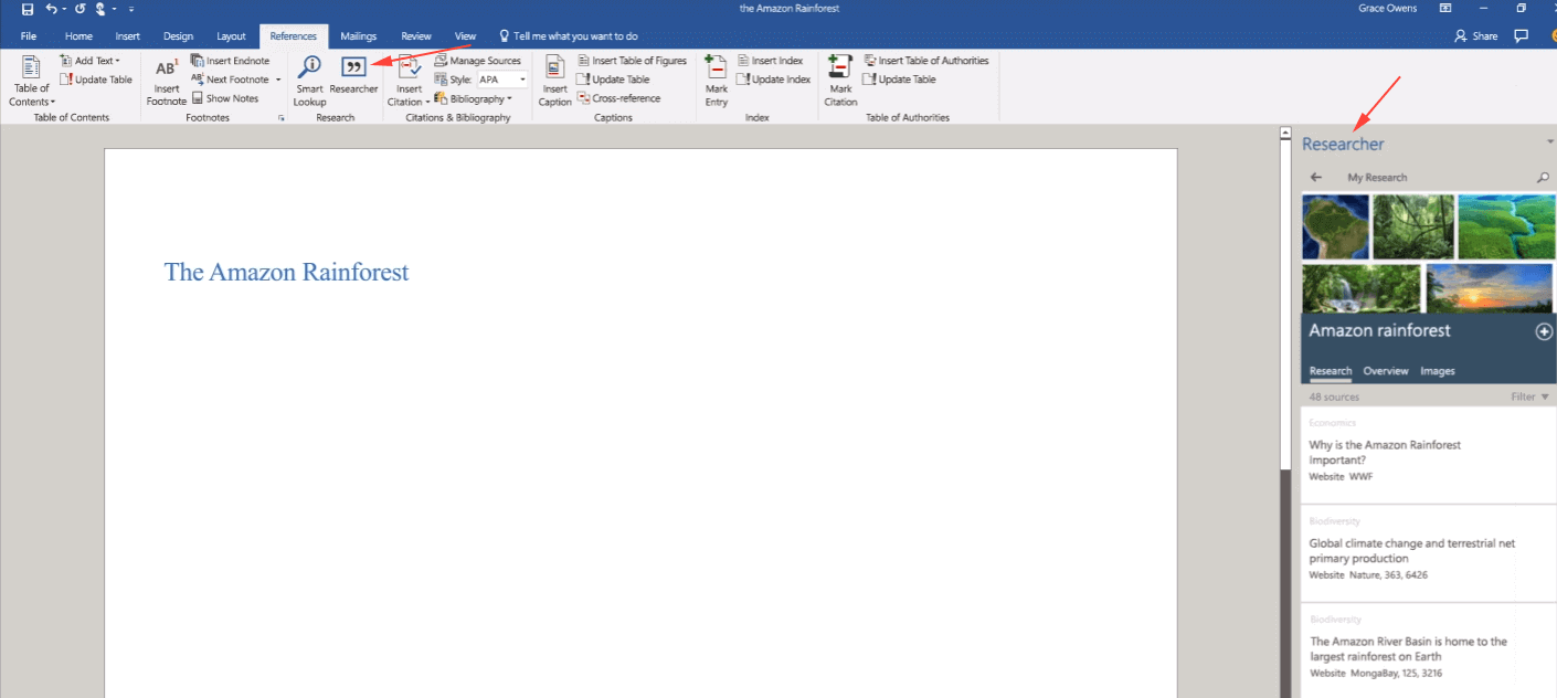 View and Use Researcher and Editor Tool on MS Word 2016