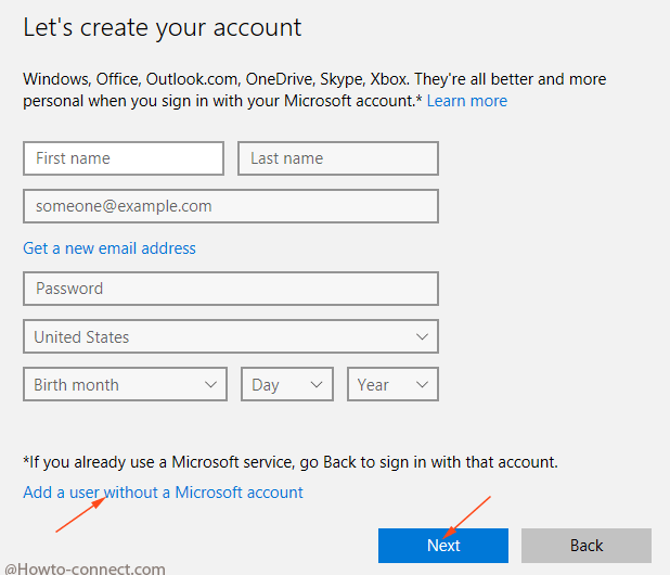 let's create account pop up add a user without a microsoft account link
