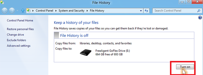 Enable Windows 8 File History Backup