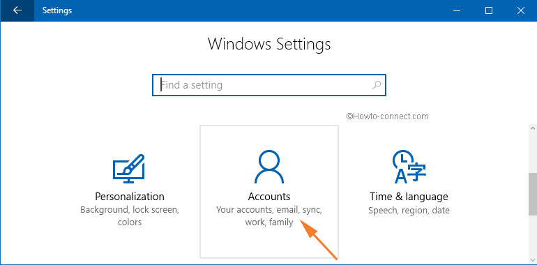Accounts category being listed in the Settings app in Windows 10
