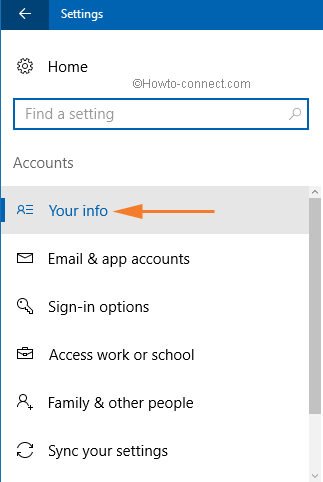 Accounts category enlists different settings, Your account is the first one