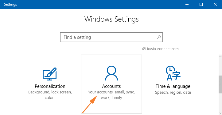 Accounts category in the Settings app in Windows 10