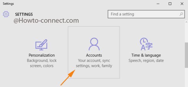 Accounts catgory under the Settings program in Windows 10