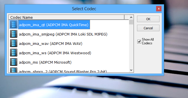 Ace Video Converter select Codecs