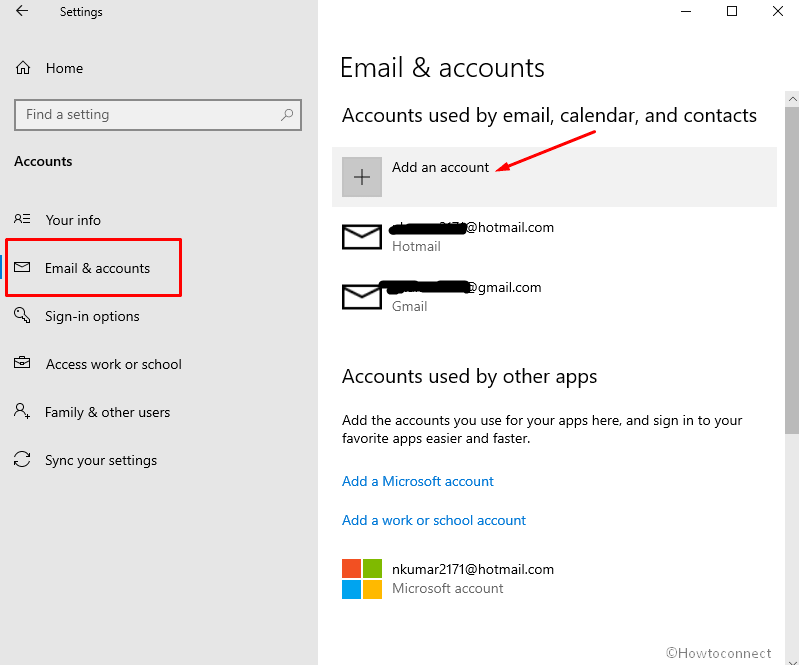 Add and account in Email and accounts subsection