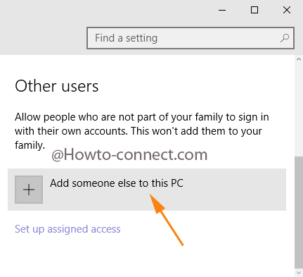 Add someone else to this PC button to establish another account in Windows 10 Pro
