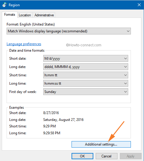 Additional settings button Region box Formats tab
