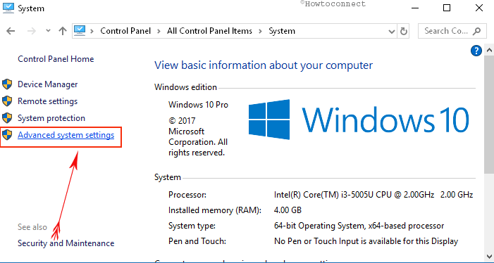 Advance System Settings in System Window