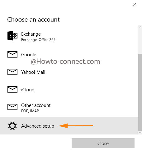 Advanced setup option under the separate box of Choose an account
