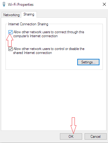 Allow other network users to connect through this computer's Internet connection