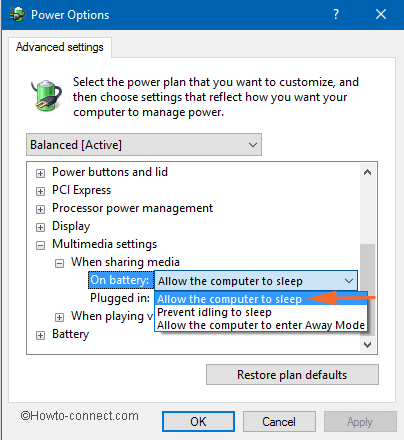 Allow the computer to sleep under When sharing media in Windows 10