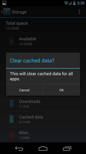 Android 4.2 clear cacahe data OK