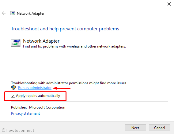 Apply repairs automatically on network adapter troubleshooter