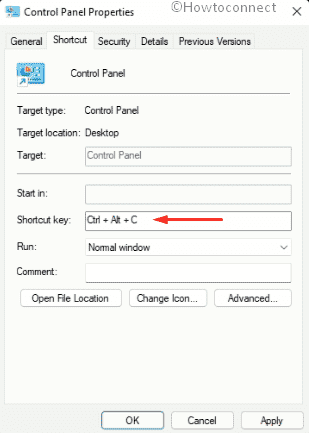 Assign shortcut key for Control panel