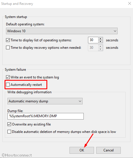Automatic restart check box in Startup and recovery Window