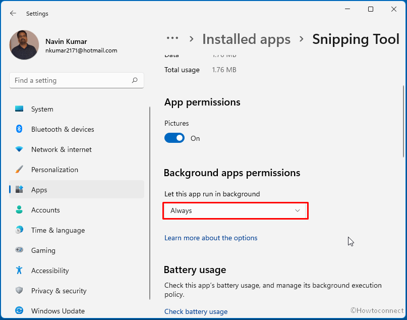 Background apps permissions