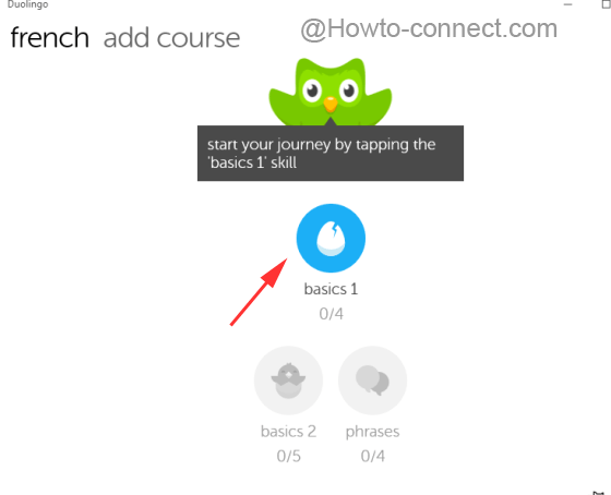 Basics 1 to start the course in Duolingo to learn languages in Windows 10