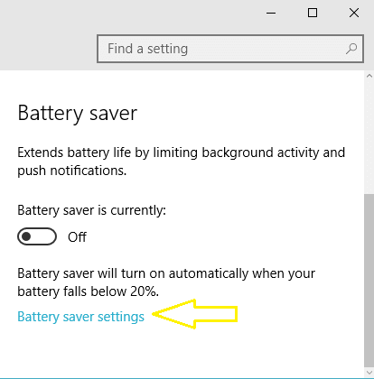 Battery Saver settings link under the Battery Saver section