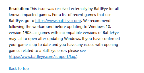 BattlEye Windows 10 1903 Issue Got Fixed