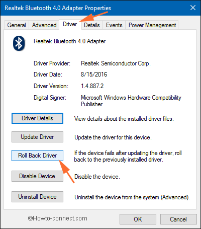 Roll Back Driver in Bluetooth Driver Details Window