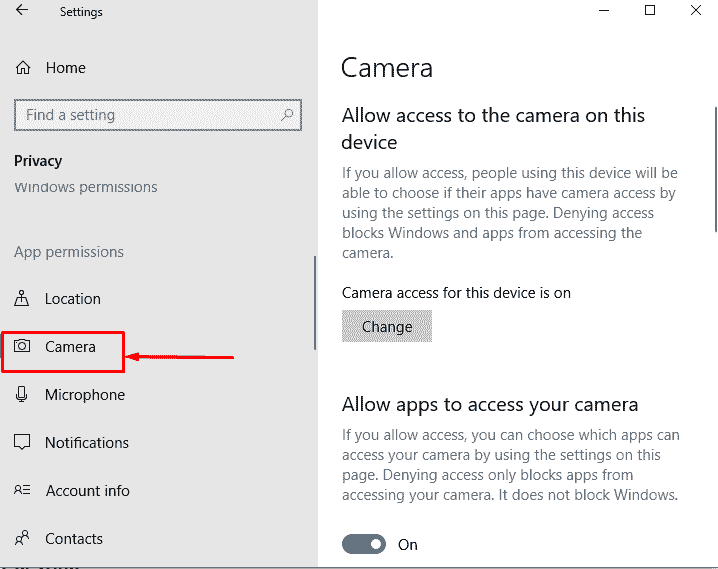 Camera Privacy settings windows 10 image