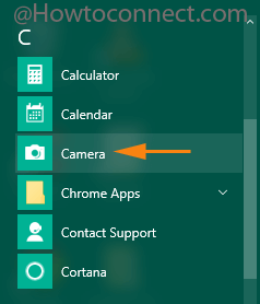 Camera app under C section in All Apps of Start Menu in Windows 10