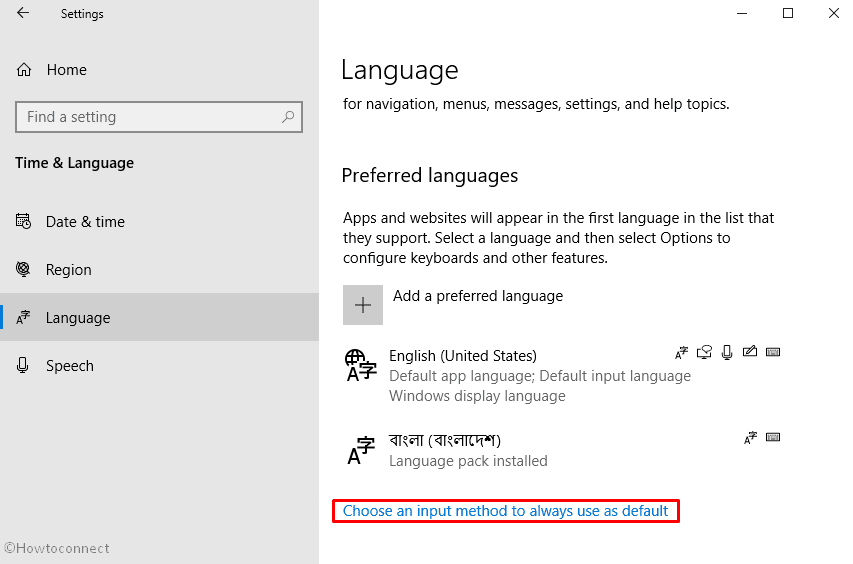 Change Key Sequence to Switch Input Language in Windows 10- click Change an input method to always use as default